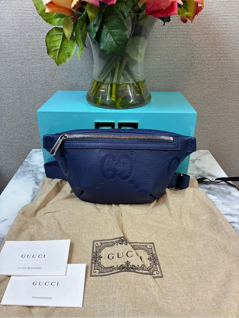 Gucci Jumbo GG Blue Leather Small Belt Bag Size 90cm - NWT Authentic - Picture 2 of 12